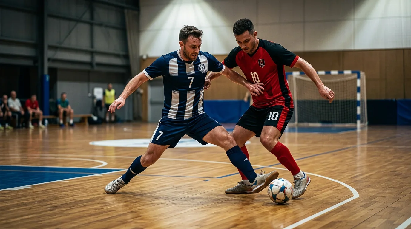 Zwei Futsal-Teams im Zweikampf um den Ball auf dem glänzenden Hallenparkett während eines Spiels