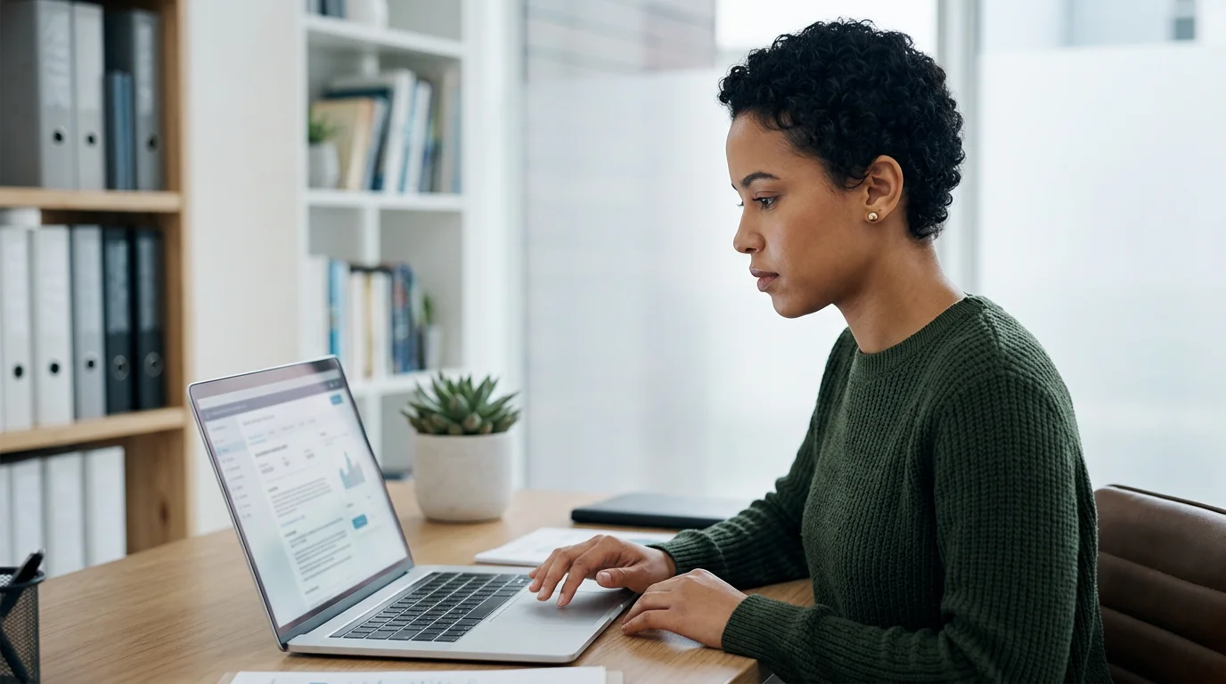 Frau prüft am Laptop die Lizenz eines Wettanbieters