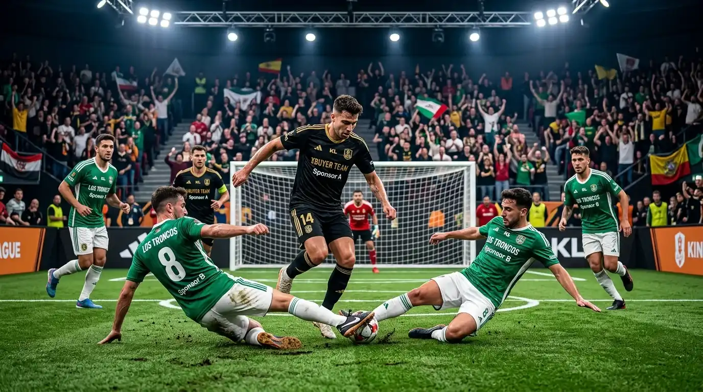 Kings-League-Match im Sieben-gegen-Sieben-Format in einer hell ausgeleuchteten Arena mit großem Publikum auf den Rängen