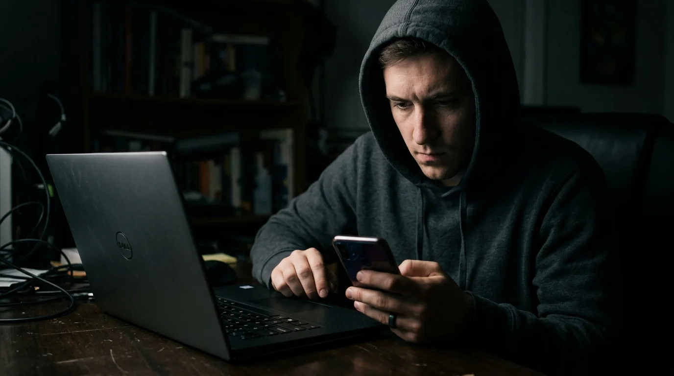 Person mit Smartphone vor einem Laptop in abgedunkeltem Raum