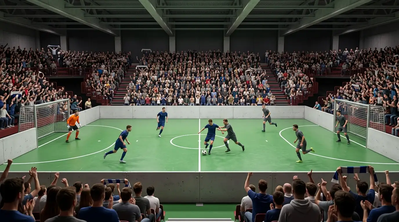 Baller-League-Spielszene in der Halle vor großem Publikum